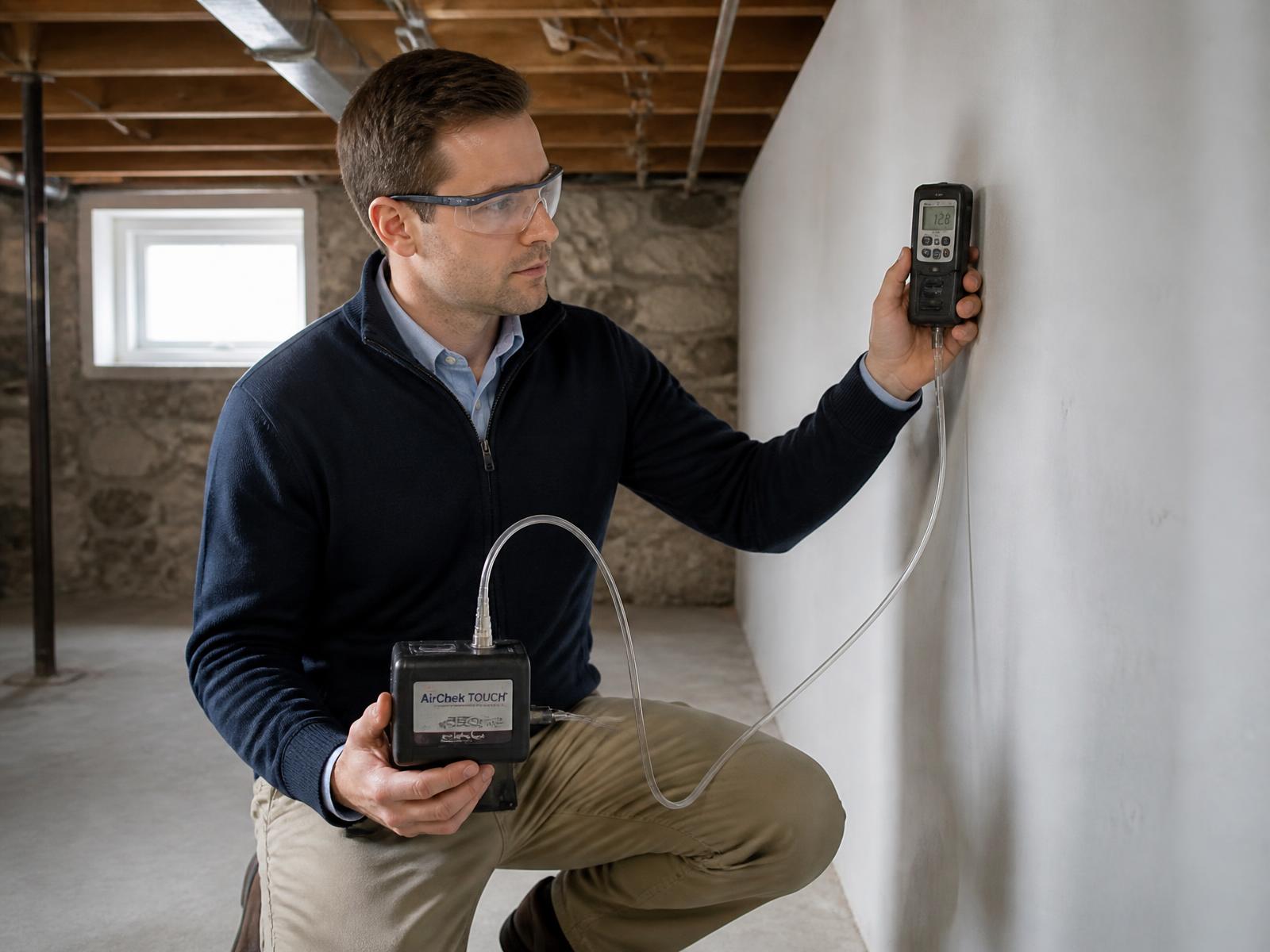 An inspector measuring moisture on a basement wall while holding a calibrated air sampling pump